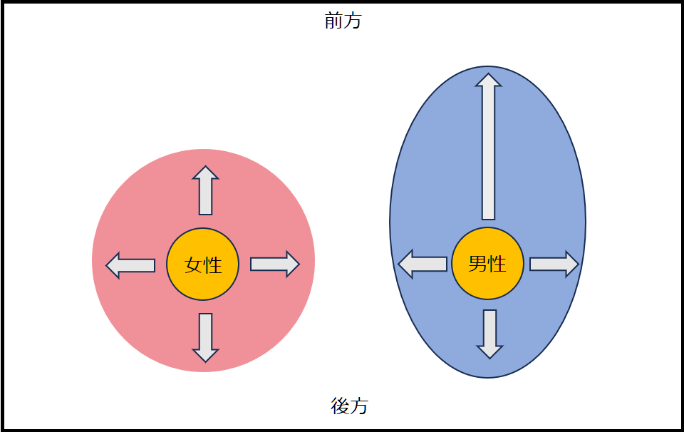 男女でパーソナルスペースの形状や広さの図